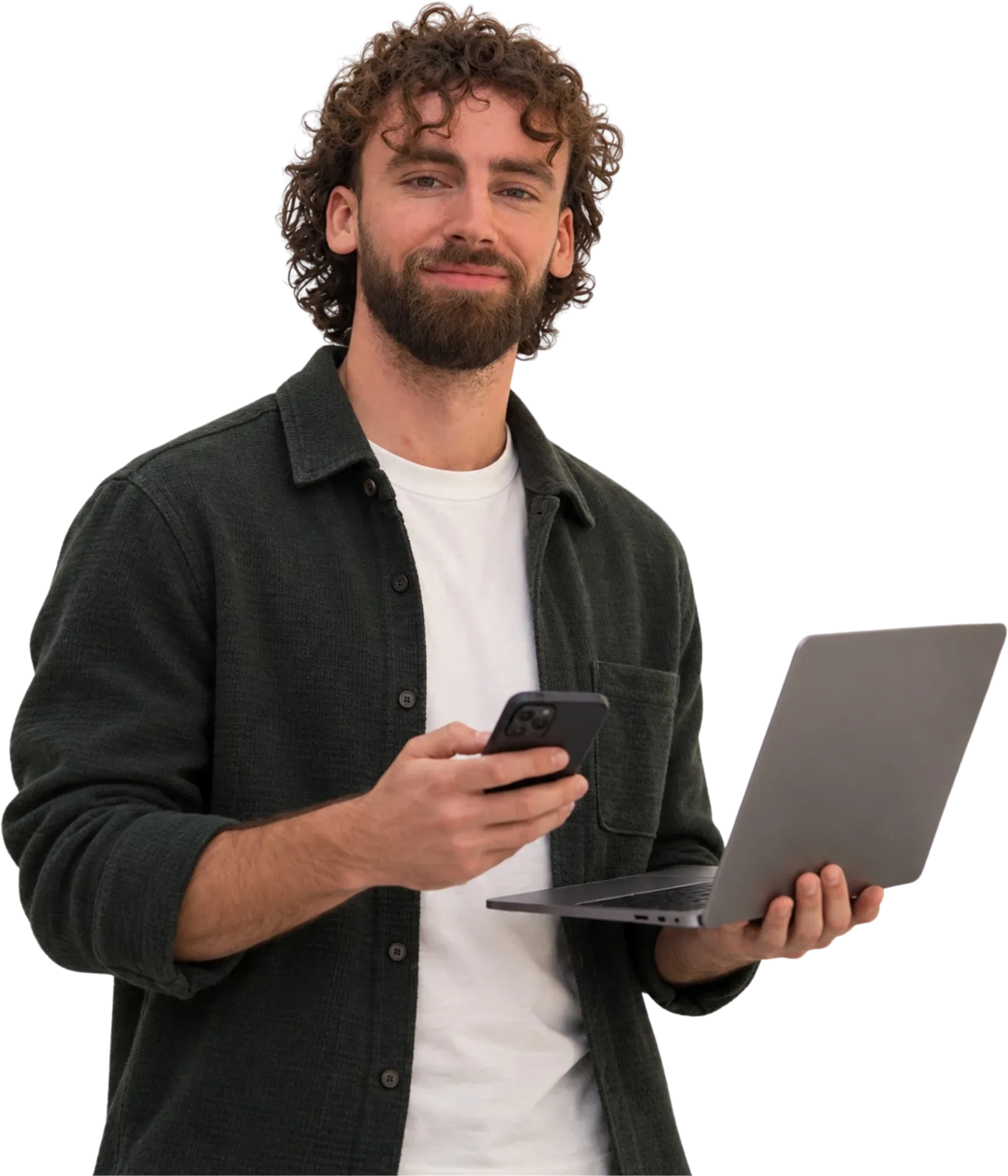 Floris van den Assum met een laptop en telefoon